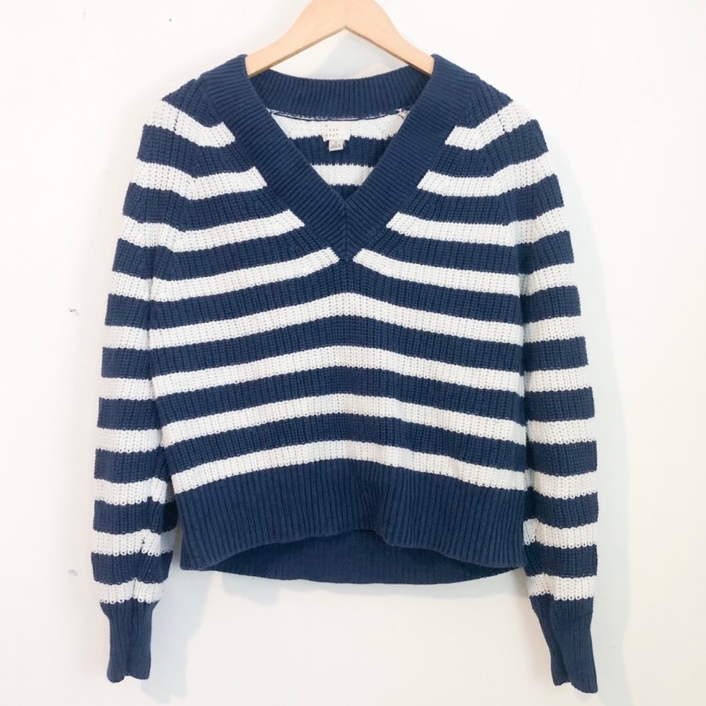 a new day / blue and white striped knit v neck sweater size small womens